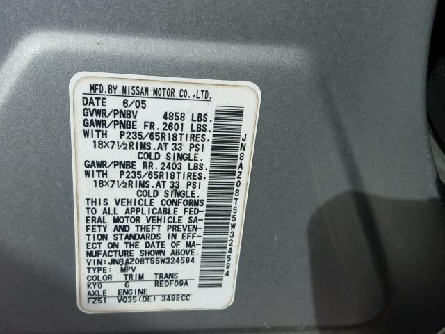 JN8AZ08T55W324594 - 2005 NISSAN MURANO SL SILVER photo 10