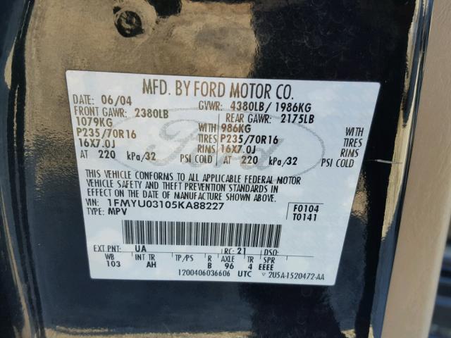 1FMYU03105KA88227 - 2005 FORD ESCAPE XLT BLACK photo 10