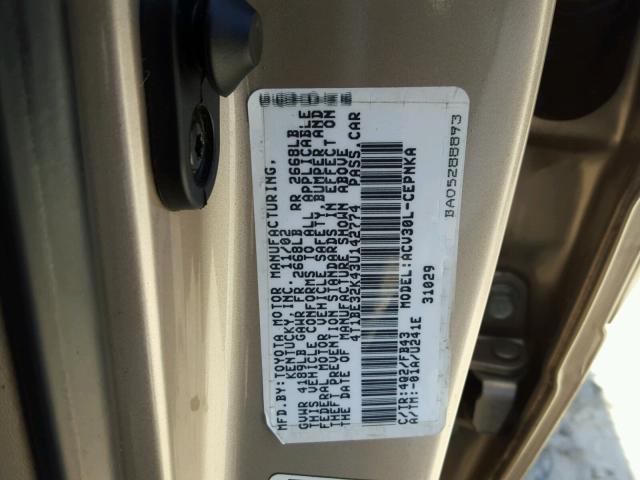 4T1BE32K43U142774 - 2003 TOYOTA CAMRY LE GOLD photo 10