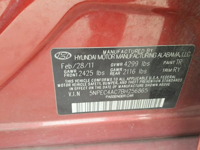 5NPEC4AC7BH256865 - 2011 HYUNDAI SONATA SE RED photo 10