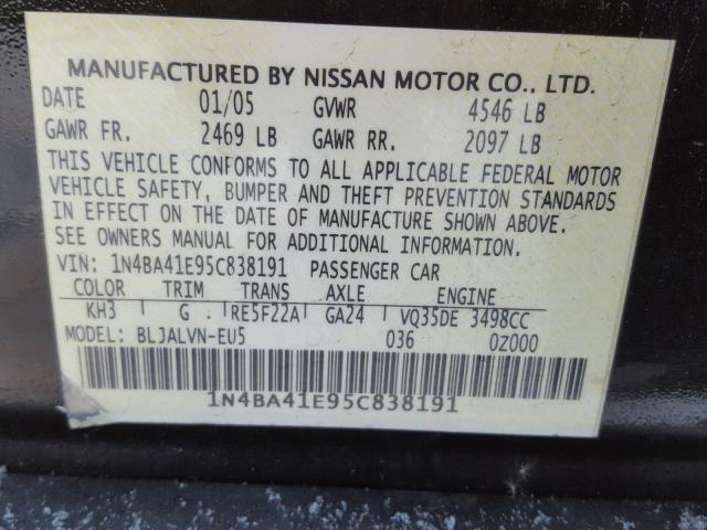 1N4BA41E95C838191 - 2005 NISSAN MAXIMA SE BLACK photo 10