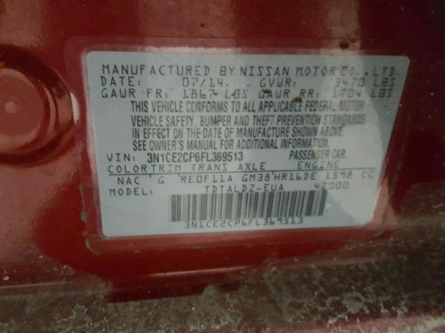 3N1CE2CP6FL369513 - 2015 NISSAN VERSA NOTE RED photo 10