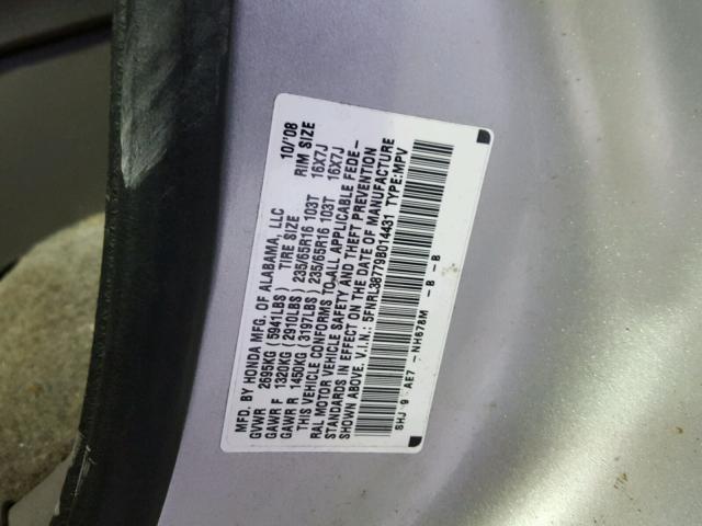 5FNRL38779B014431 - 2009 HONDA ODYSSEY EX SILVER photo 10