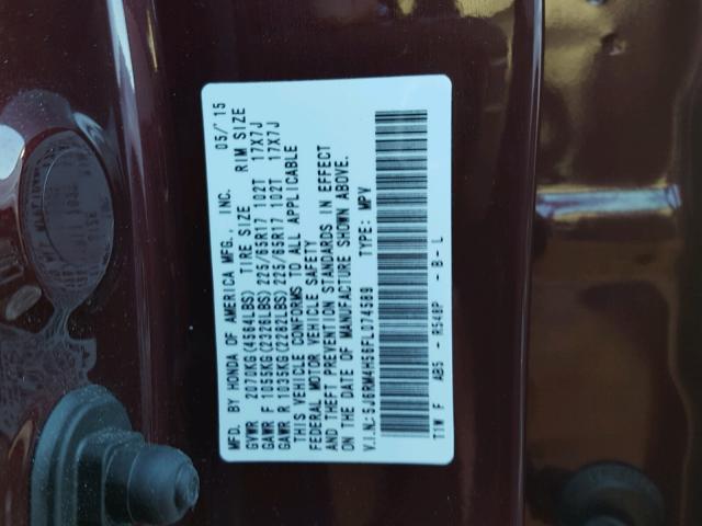 5J6RM4H56FL074589 - 2015 HONDA CR-V EX MAROON photo 10