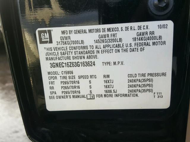 3GNEC16Z63G163624 - 2003 CHEVROLET SUBURBAN C BLACK photo 10