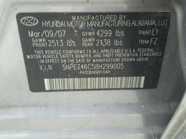 5NPET46C58H299005 - 2008 HYUNDAI SONATA GLS GRAY photo 10