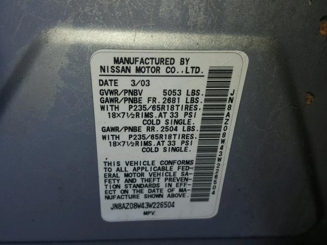 JN8AZ08W43W226504 - 2003 NISSAN MURANO SL SILVER photo 10