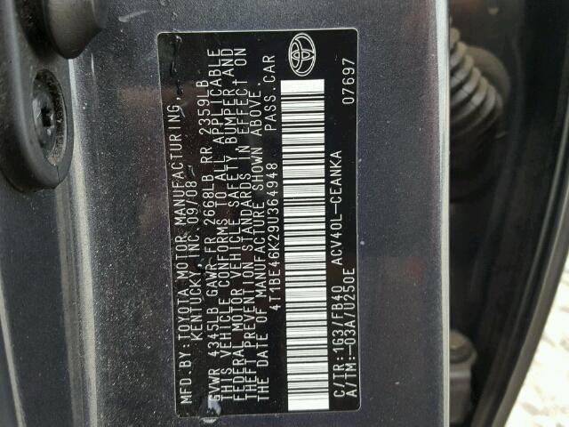 4T1BE46K29U364948 - 2009 TOYOTA CAMRY BASE GRAY photo 10