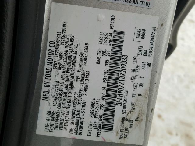 3FAHP07Z18R209333 - 2008 FORD FUSION SE GRAY photo 10