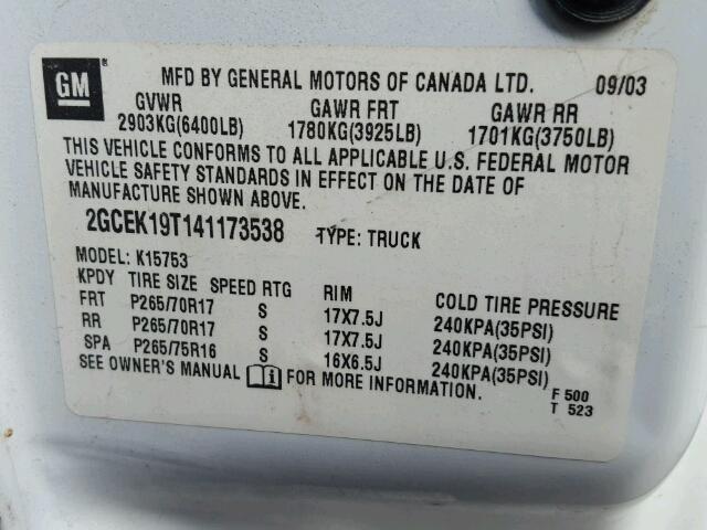 2GCEK19T141173538 - 2004 CHEVROLET SILVERADO WHITE photo 10