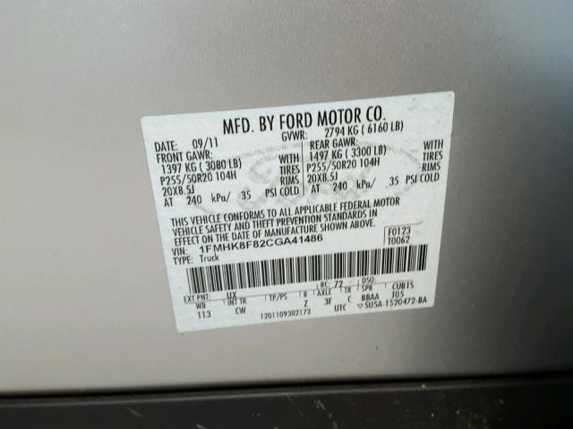 1FMHK8F82CGA41486 - 2012 FORD EXPLORER L SILVER photo 10