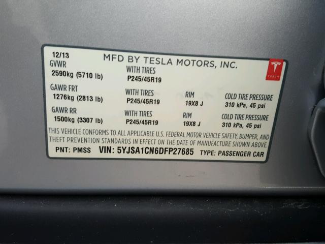 5YJSA1CN6DFP27685 - 2013 TESLA MODEL S Արծաթագույն լուսանկար 10