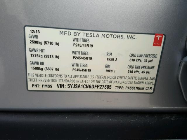 5YJSA1CN6DFP27685 - 2013 TESLA MODEL S SILVER photo 10