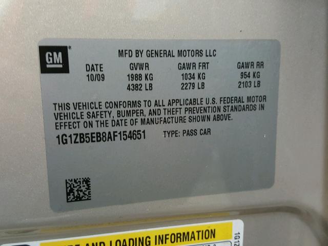 1G1ZB5EB8AF154651 - 2010 CHEVROLET MALIBU LS GOLD photo 10