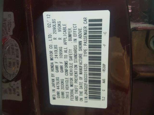 JH4CU2F40CC019320 - 2012 ACURA TSX BURGUNDY photo 10