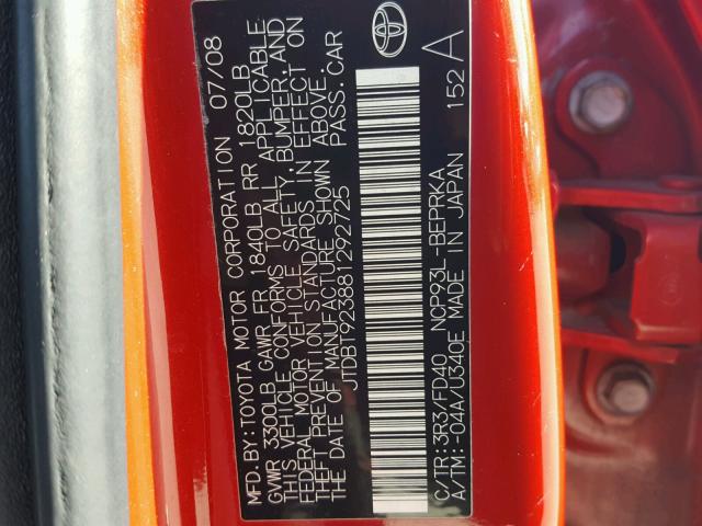 JTDBT923881292725 - 2008 TOYOTA YARIS RED photo 10