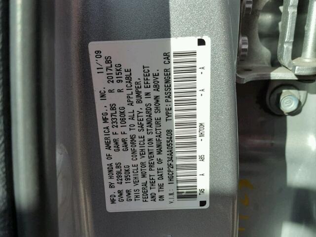 1HGCP2F34AA055408 - 2010 HONDA ACCORD LX SILVER photo 10