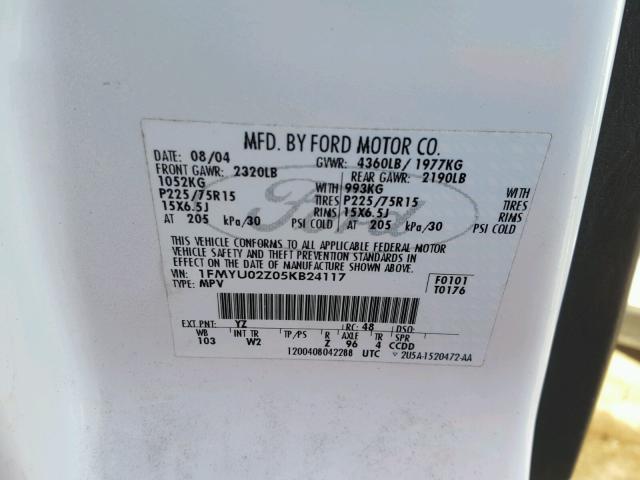 1FMYU02Z05KB24117 - 2005 FORD ESCAPE XLS WHITE photo 10