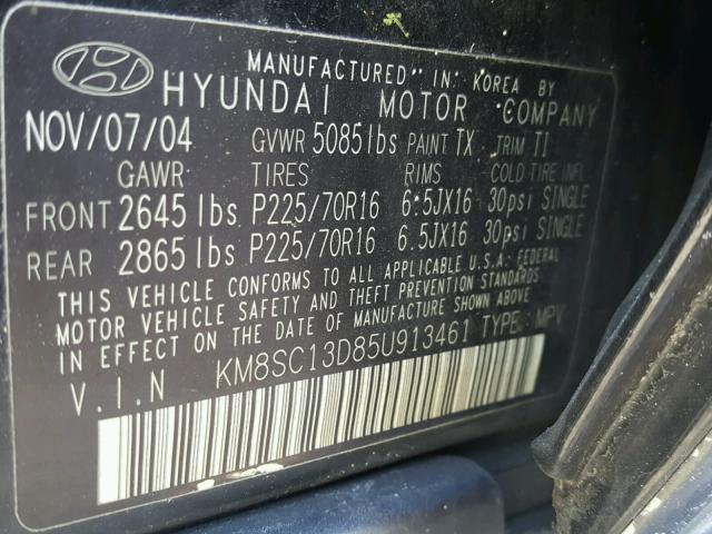 KM8SC13D85U913461 - 2005 HYUNDAI SANTA FE G BLACK photo 10