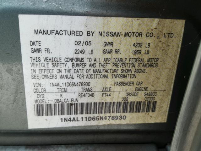 1N4AL11D65N478930 - 2005 NISSAN ALTIMA S GREEN photo 10