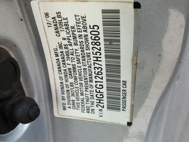 2HGFG12637H528605 - 2007 HONDA CIVIC LX SILVER photo 10