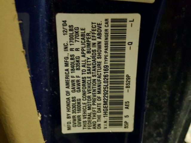 1HGEM22925L026169 - 2005 HONDA CIVIC EX BLUE photo 10