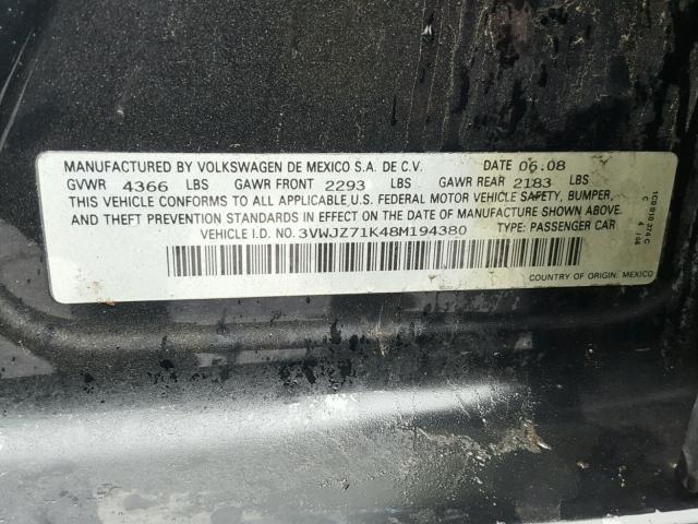 3VWJZ71K48M194380 - 2008 VOLKSWAGEN JETTA S BLACK photo 10