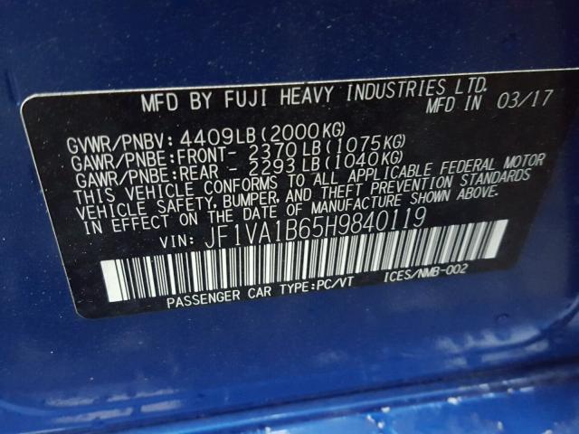 JF1VA1B65H9840119 - 2017 SUBARU WRX BLUE photo 10