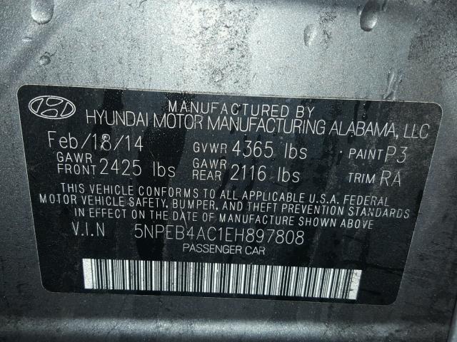 5NPEB4AC1EH897808 - 2014 HYUNDAI SONATA GLS GRAY photo 10