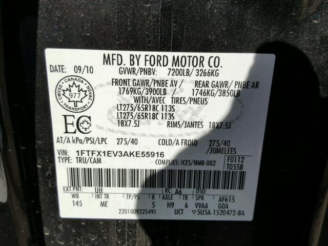 1FTFX1EV3AKE55916 - 2010 FORD F150 SUPER BLACK photo 10