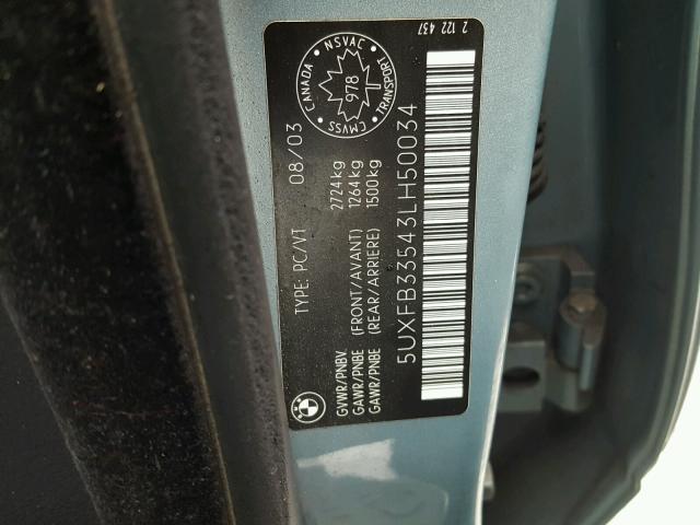 5UXFB33543LH50034 - 2003 BMW X5 4.4I TURQUOISE photo 10