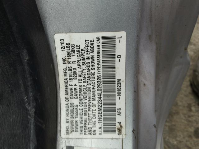 1HGEM22344L029326 - 2004 HONDA CIVIC DX V SILVER photo 10