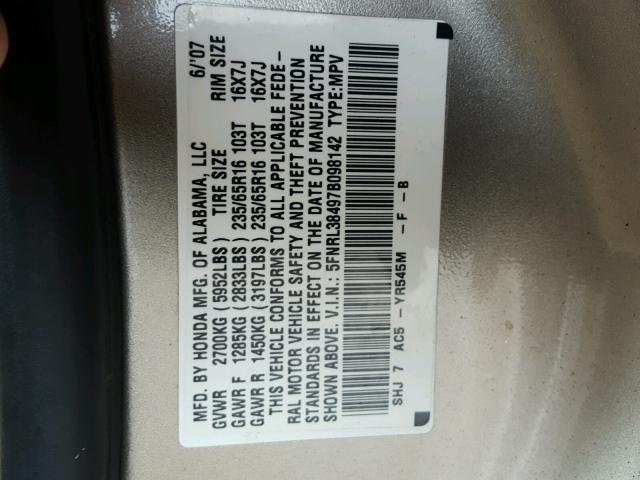 5FNRL38497B098142 - 2007 HONDA ODYSSEY EX GOLD photo 10