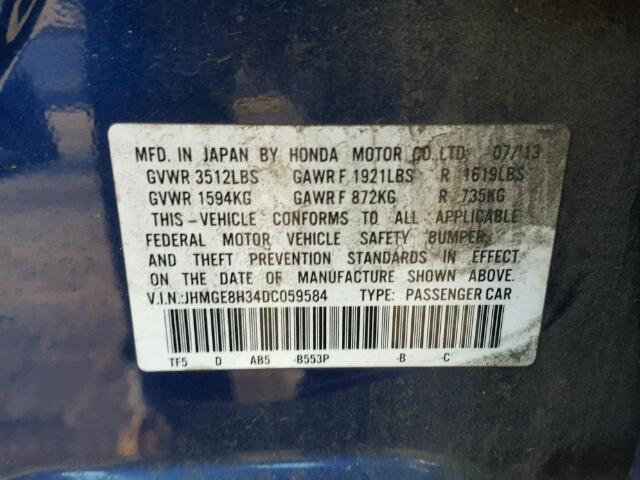 JHMGE8H34DC059584 - 2013 HONDA FIT BLUE photo 10