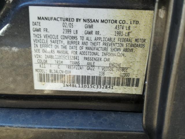 1N4BL11D15C332841 - 2005 NISSAN ALTIMA SE CHARCOAL photo 10