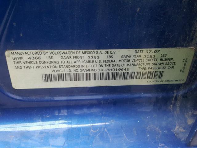 3VWHM71K18M019646 - 2008 VOLKSWAGEN JETTA S 蓝色 照片 10