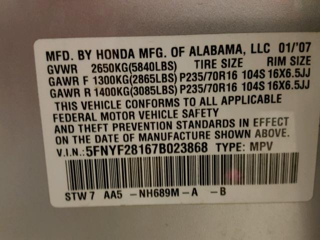 5FNYF28167B023868 - 2007 HONDA PILOT LX GRAY photo 10