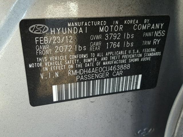 KMHDH4AE0CU463888 - 2012 HYUNDAI ELANTRA GL GRAY photo 10