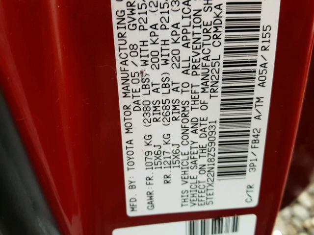 5TETX22N18Z590931 - 2008 TOYOTA TACOMA ACC RED photo 10