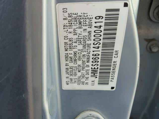 JHMES96614S000419 - 2004 HONDA CIVIC HYBR BLUE photo 10