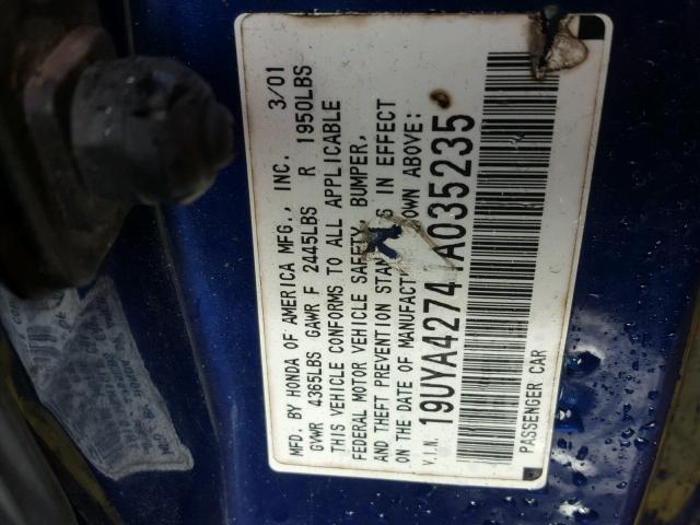 19UYA42741A035235 - 2001 ACURA 3.2CL TYPE BLUE photo 10