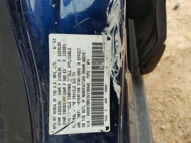 SHSRD78823U136840 - 2003 HONDA CR-V EX BLUE photo 10