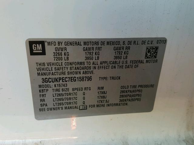 3GCUKPEC7EG158796 - 2014 CHEVROLET SILVERADO WHITE photo 10