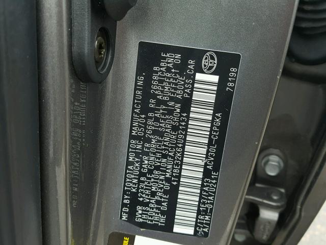 4T1BE32K64U921434 - 2004 TOYOTA CAMRY LE CHARCOAL photo 10