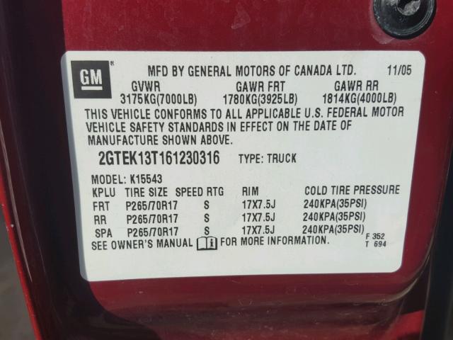 2GTEK13T161230316 - 2006 GMC NEW SIERRA MAROON photo 10