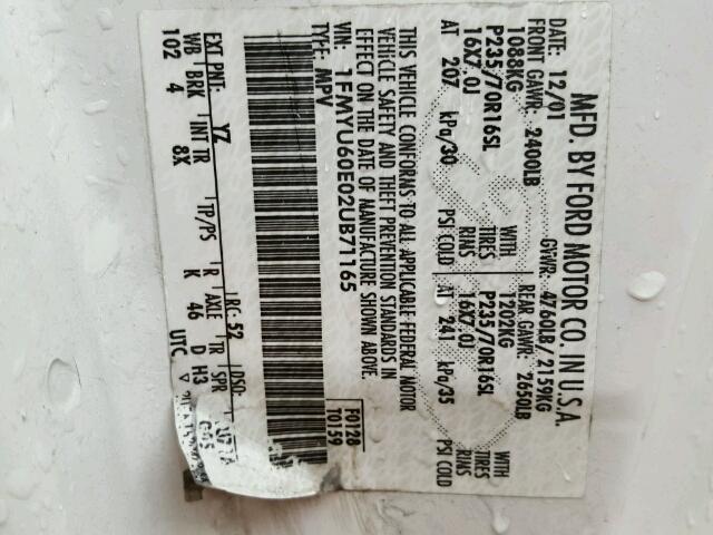 1FMYU60E02UB71165 - 2002 FORD EXPLORER S WHITE photo 10