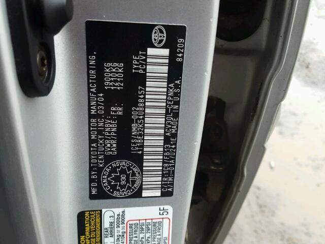 4T1BE32K54U888457 - 2004 TOYOTA CAMRY LE SILVER photo 10