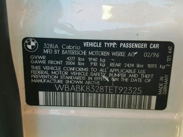 WBABK8328TET92325 - 1996 BMW 328 IC AUT WHITE photo 10