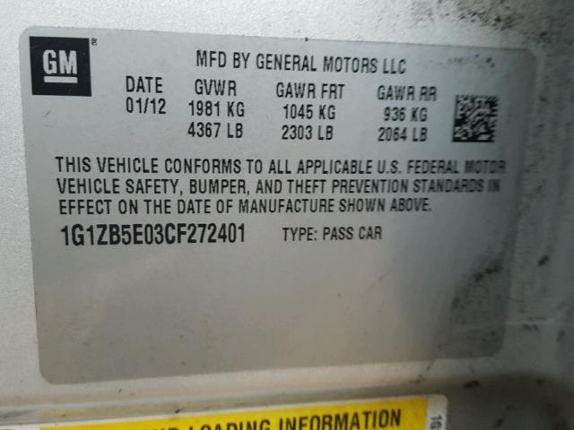 1G1ZB5E03CF272401 - 2012 CHEVROLET MALIBU LS SILVER photo 10