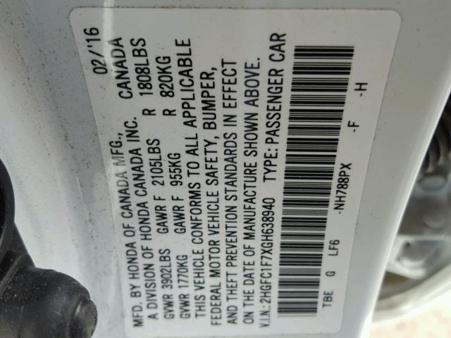 2HGFC1F7XGH638940 - 2016 HONDA CIVIC EXL 白色 照片 10